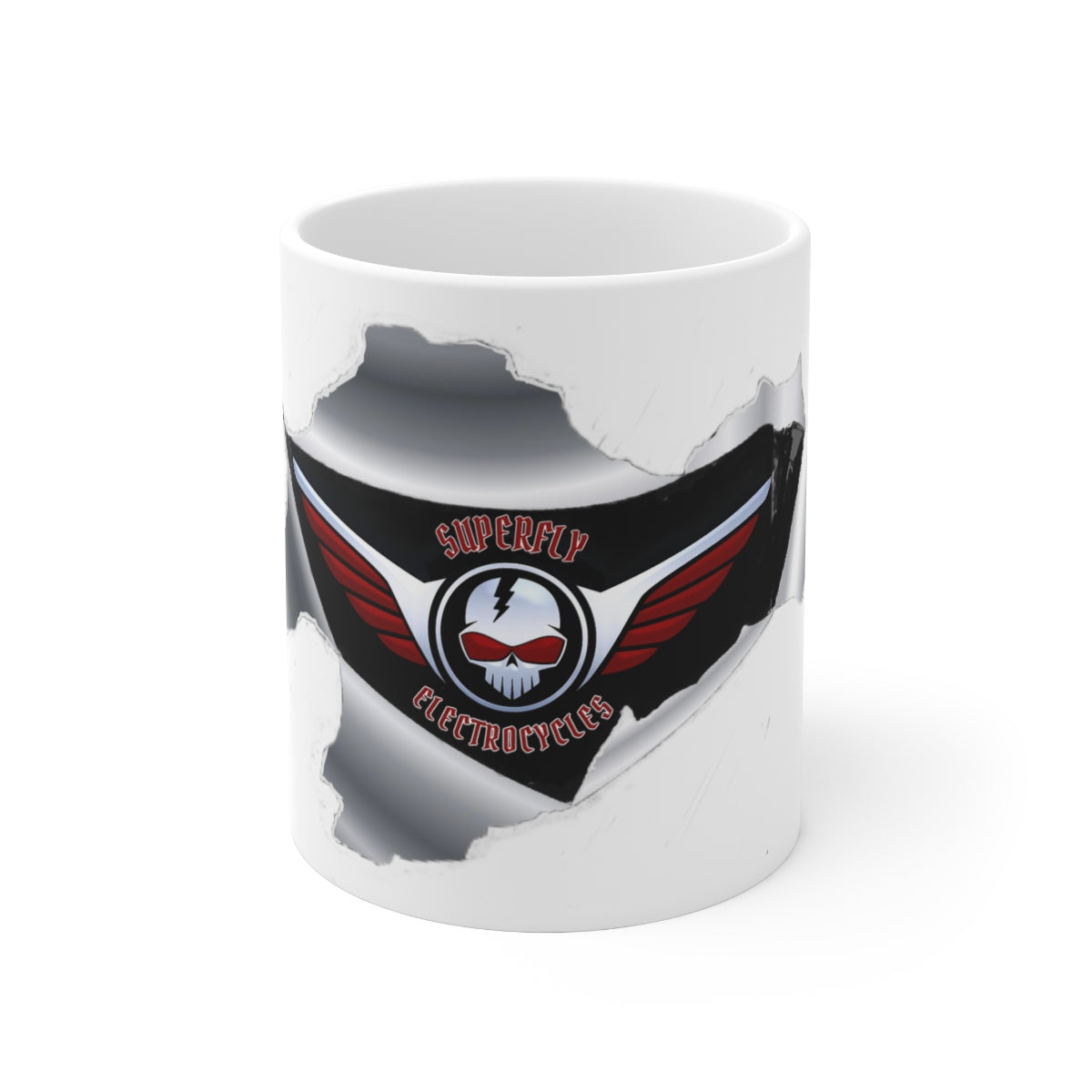 Ceramic Mug 11.0 oz -  Superfly ElectroCycles Cool 3D Style Print w/ Logo inside peeled back outer layer